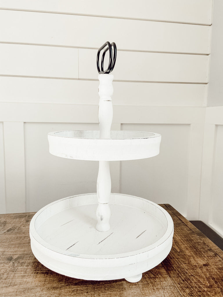 2 Tiered Tray Stand - Two Tier Tray Wood Farmhouse, White, Vintage Decor. Table