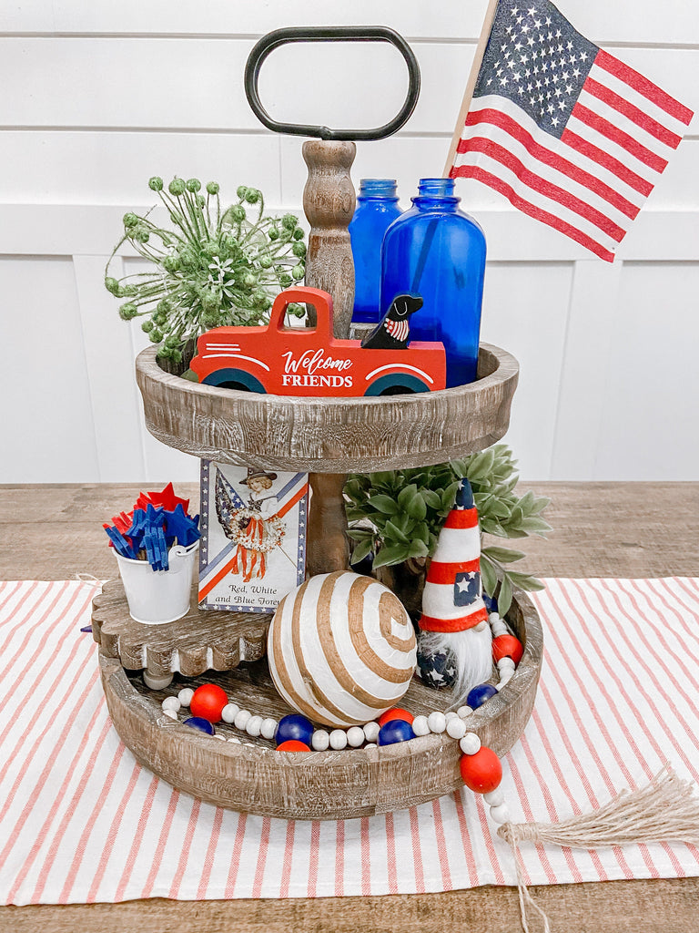 Tiered Tray, tiered tray decor, coffee bar decor, farmhouse home decor, American flag decor, summer decor, 4th of July decor, home decor